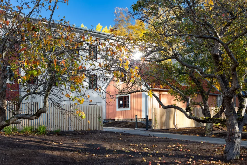 På gården till äldreboendet Johannas trädgård står en bagarstuga från 1700-talet bevarad. I förgrunden synd två äppelträd från boendets äppellund. Den lilla stugan har återfått sin originalfärg som drar åt det rosa hållet., I bakgrunden syns boendets fasad som till största delen är vit, med bruna inslag.