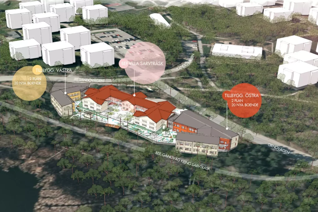 En illustration över äldreboendet Villa Sartvträsk. Buggnaderna är på två våningsr och fasaden till byggnaderna är både vit och orange. Området runt boendet är mycket lummigt. Framför och bakom boendet går vägar.