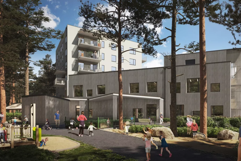 visionsbild som visar hur en framtida förskola och äldreboende ska se ut i Västerås, träbyggnad med en förskolegård med naturliga inslag som vackra och ståtliga tallar syns i bilden.
