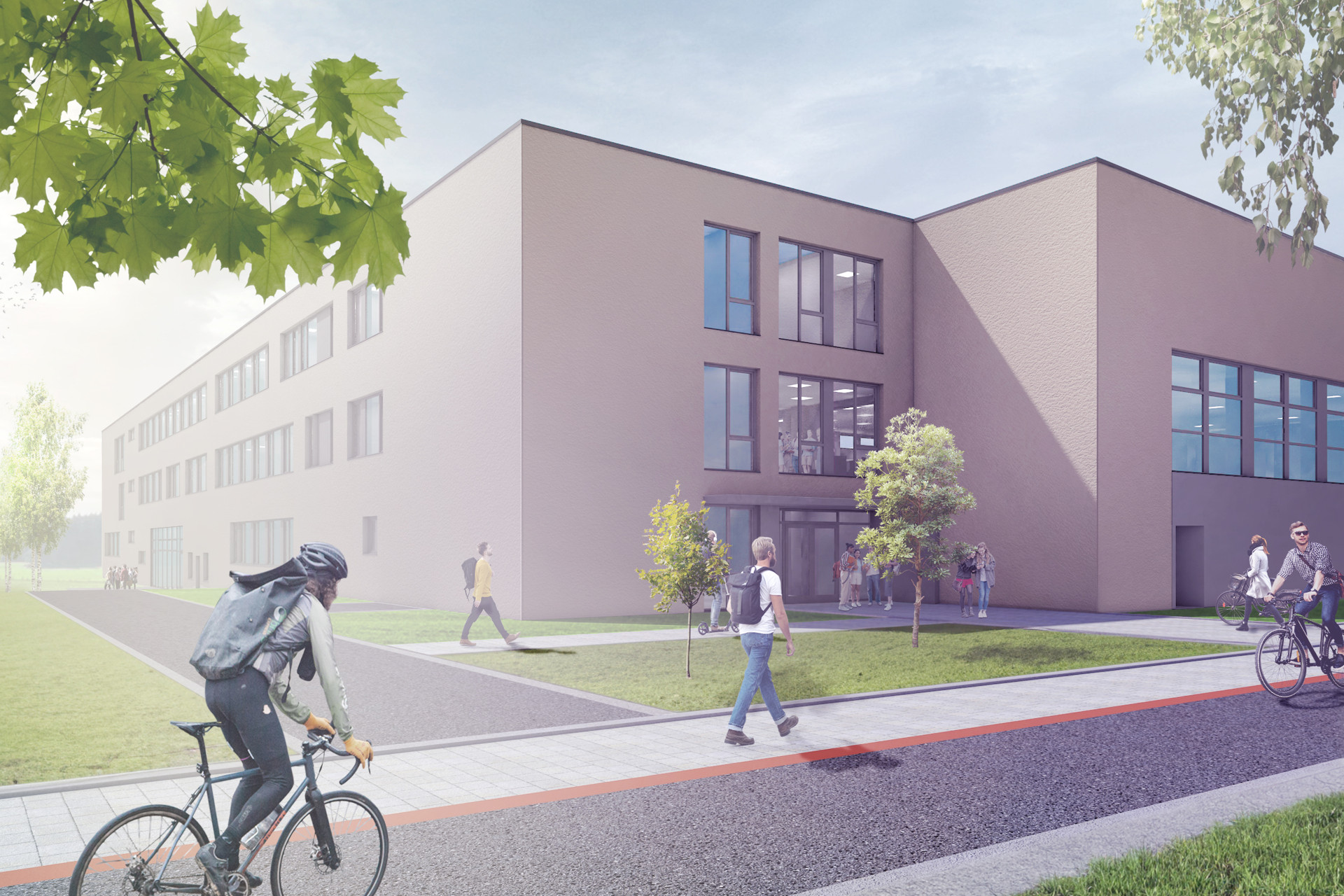 En visionsbild av en skolbyggnad i Rangsdorf med människor i förgrunden som går och cyklar.